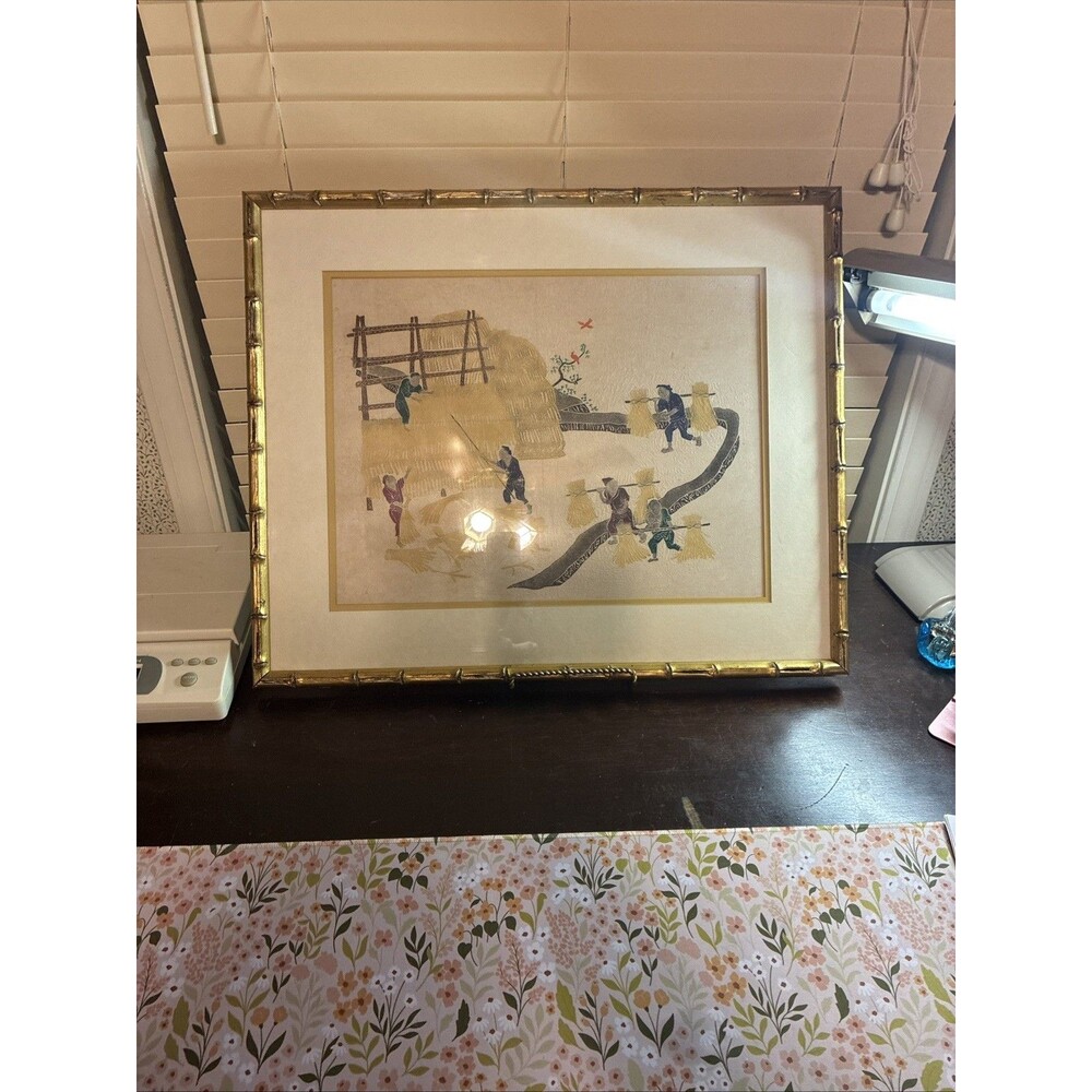 Mid-century Folk Art Chinoiserie Chinese Agriculture Scene with Bamboo Frame